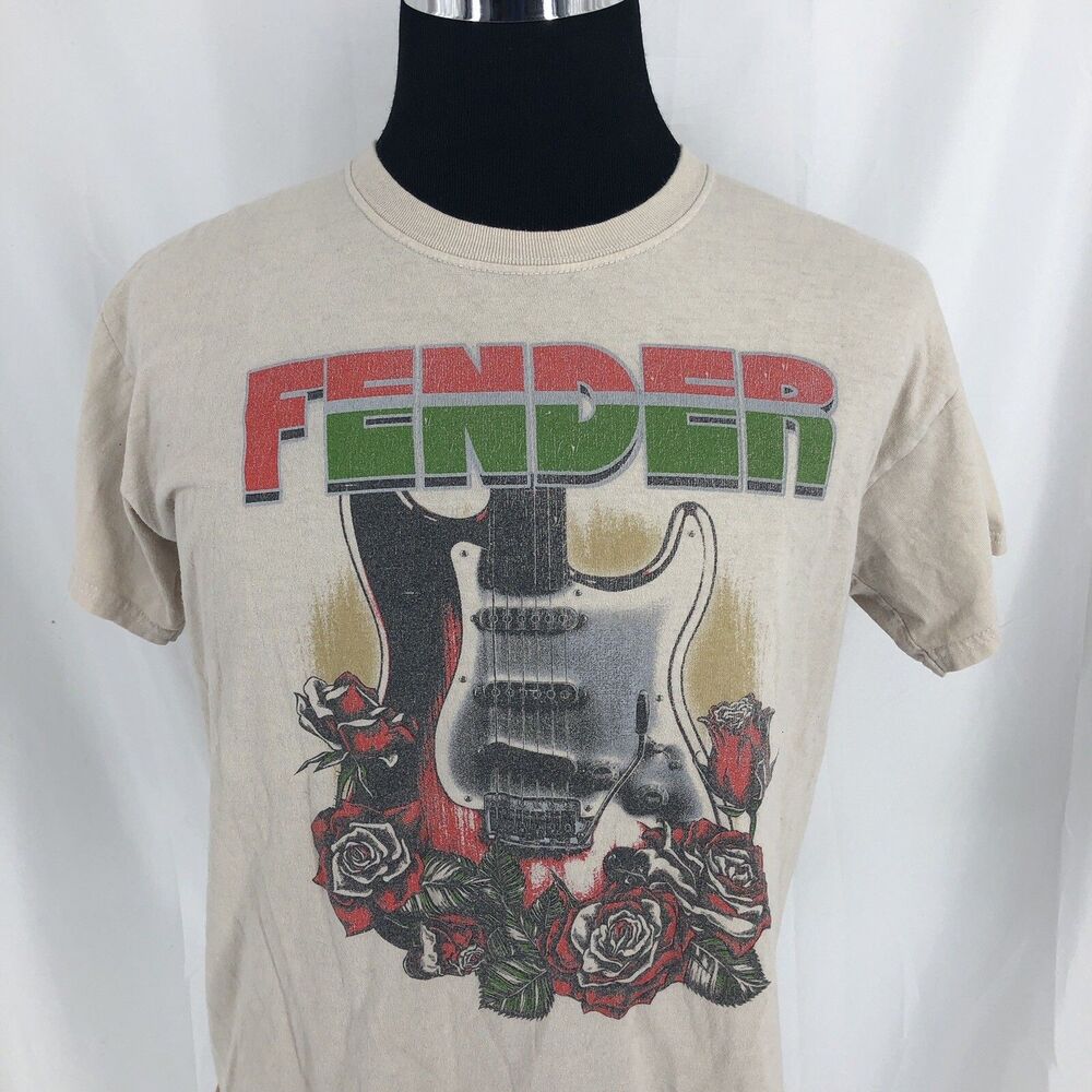 Fender Red Green Guitar Roses Graphic Short Sleeve Retro T-Shirt Beige Large